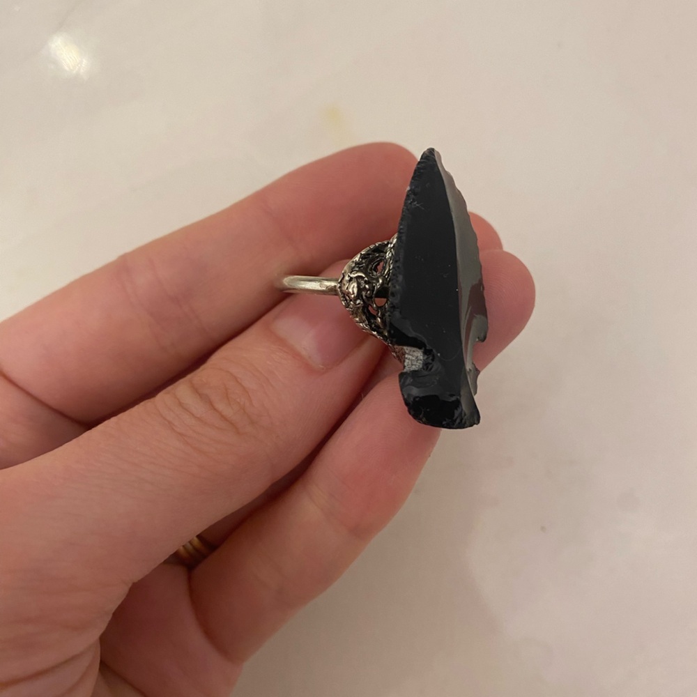 Silver and Black Obsidian Arrowhead Ring